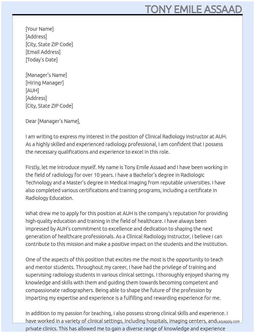 Clinical Radiology Instructor At auh Cover Letter