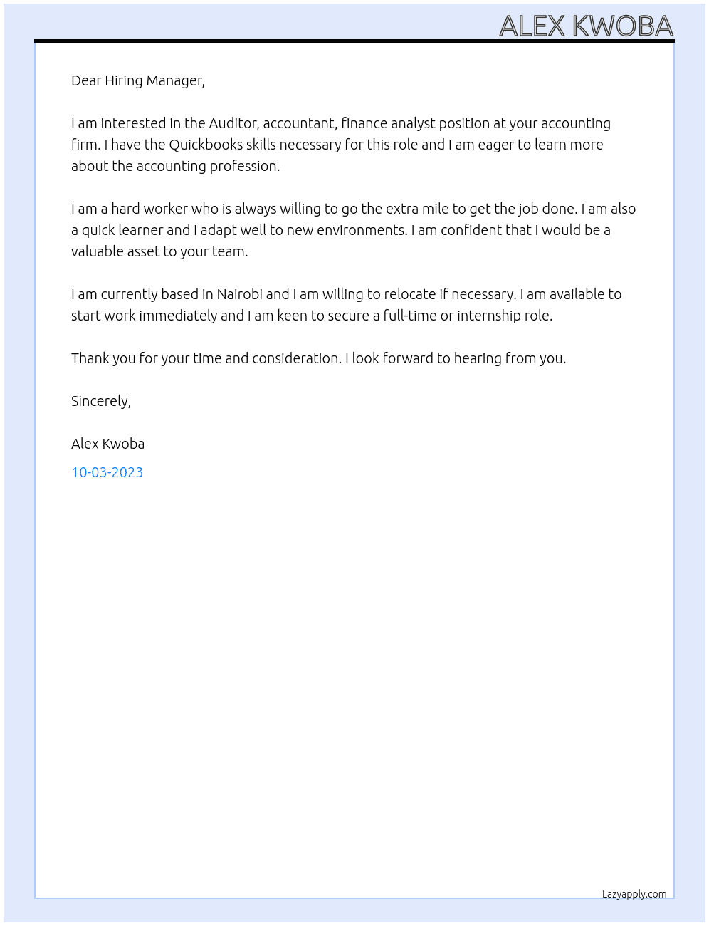Auditor, accountant, finance analyst At Accounting firm Cover Letter