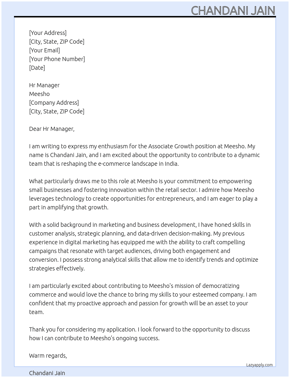 Cover letter for associate growth - LazyApply