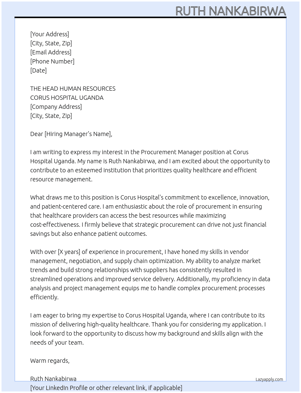 PROCUMENT MANAGER At CORUS HOSPITAL UGANDA Cover Letter