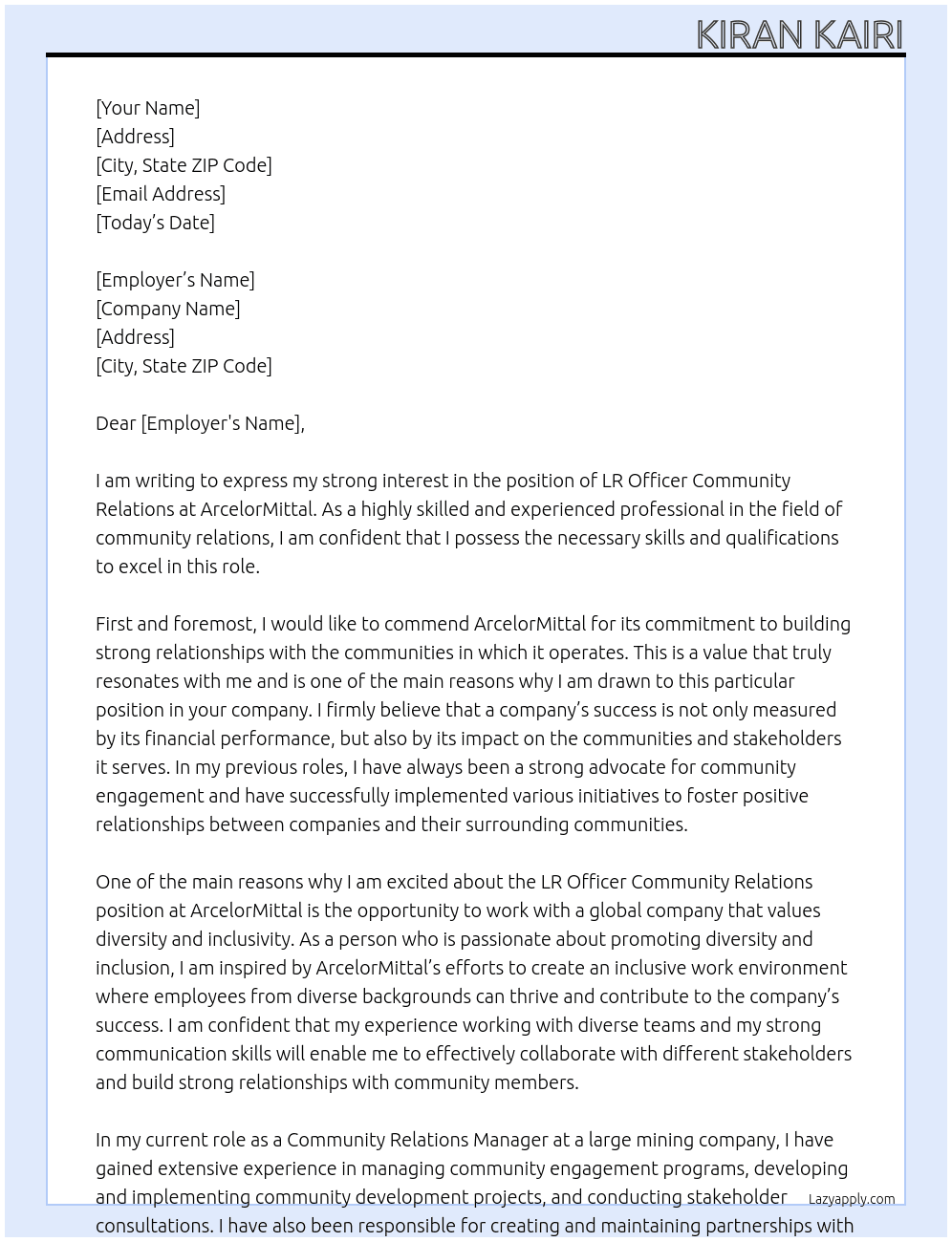 LR OFFICER COMMUNITY RELATIONS At ArcelorMittal  Cover Letter