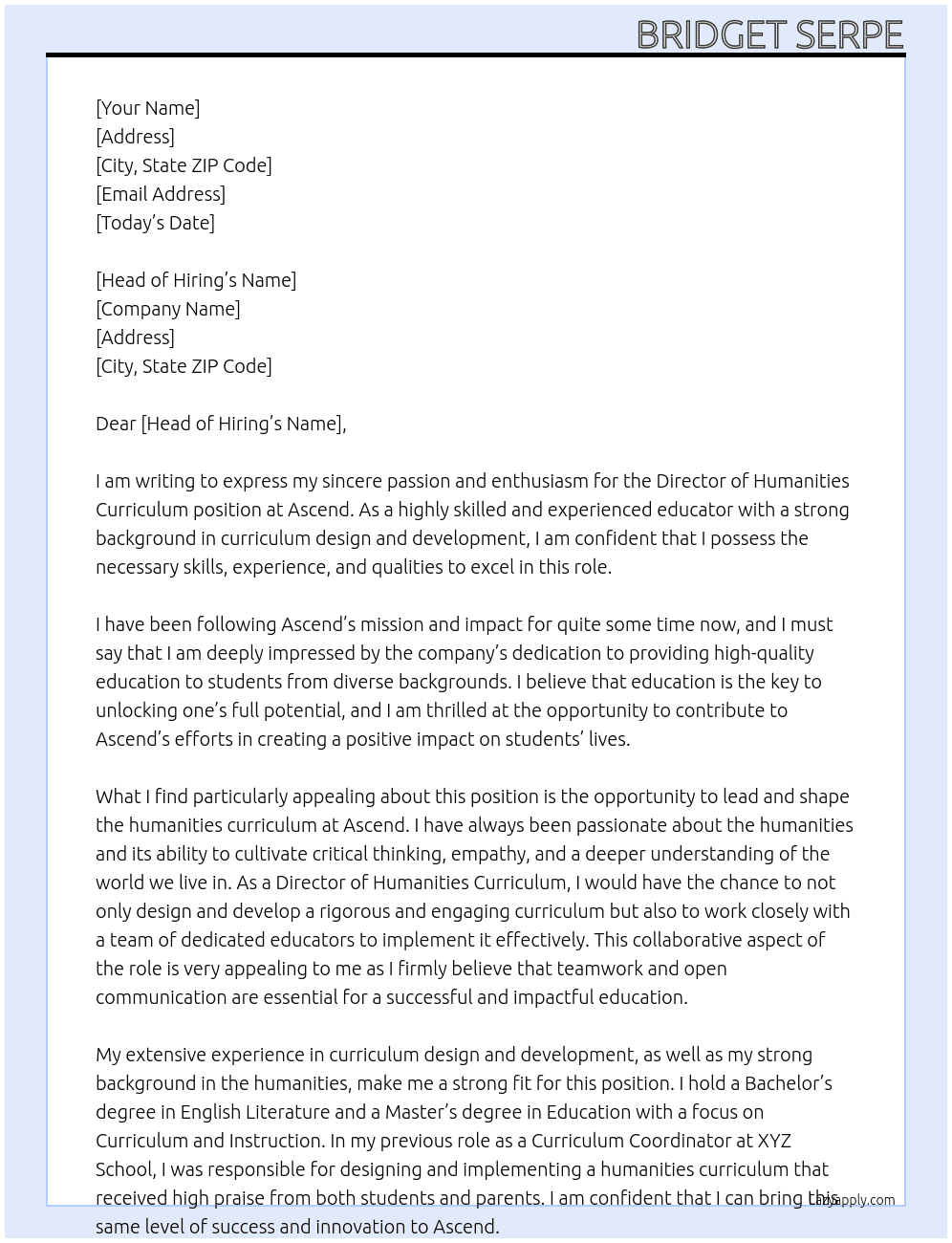 director of humanities curriculum  At Ascend  Cover Letter