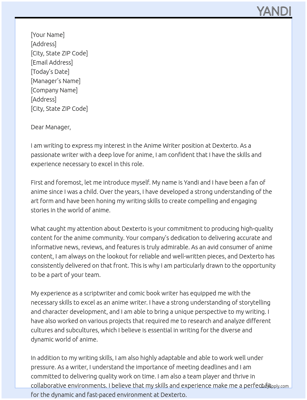 anime writer  At dexterto Cover Letter