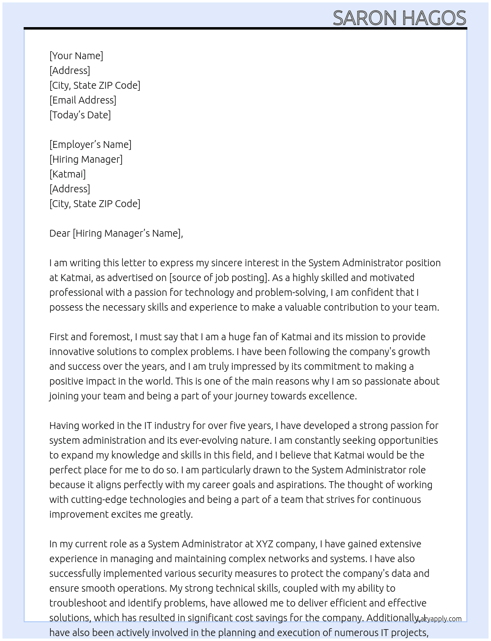 system administrator At katmai Cover Letter