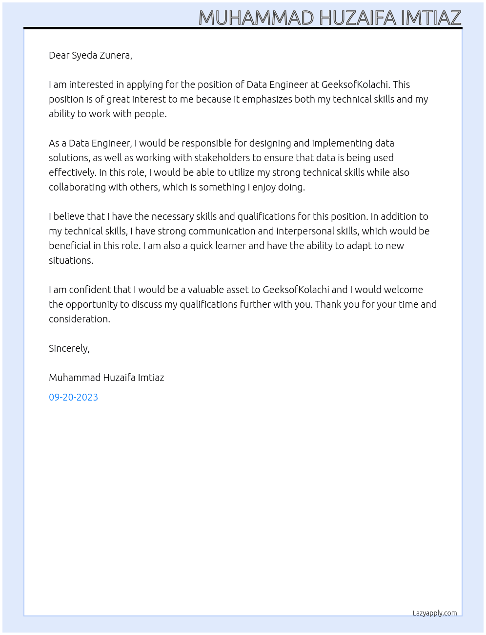 Data Engineer At GeeksofKolachi Cover Letter