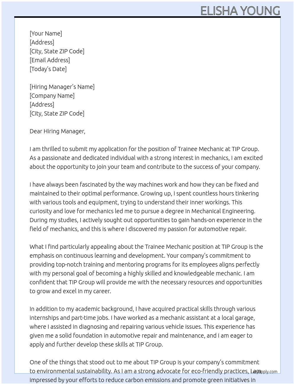 Trainee Mechanic  At TIP Group  Cover Letter