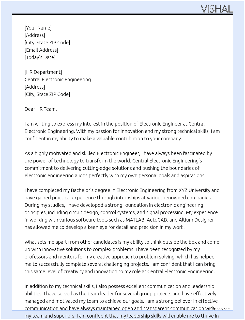 Electronic engineer  At Central electronic engineering  Cover Letter