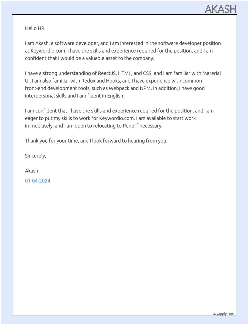 software developer At Keywordio.com Cover Letter
