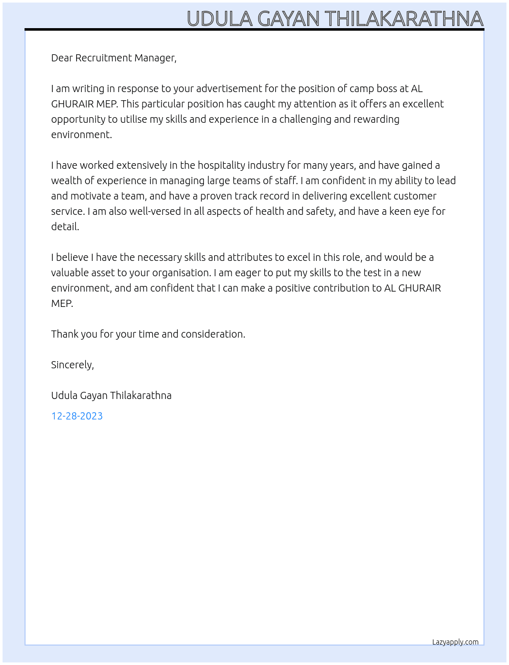 camp boss At AL GHURAIR MEP Cover Letter
