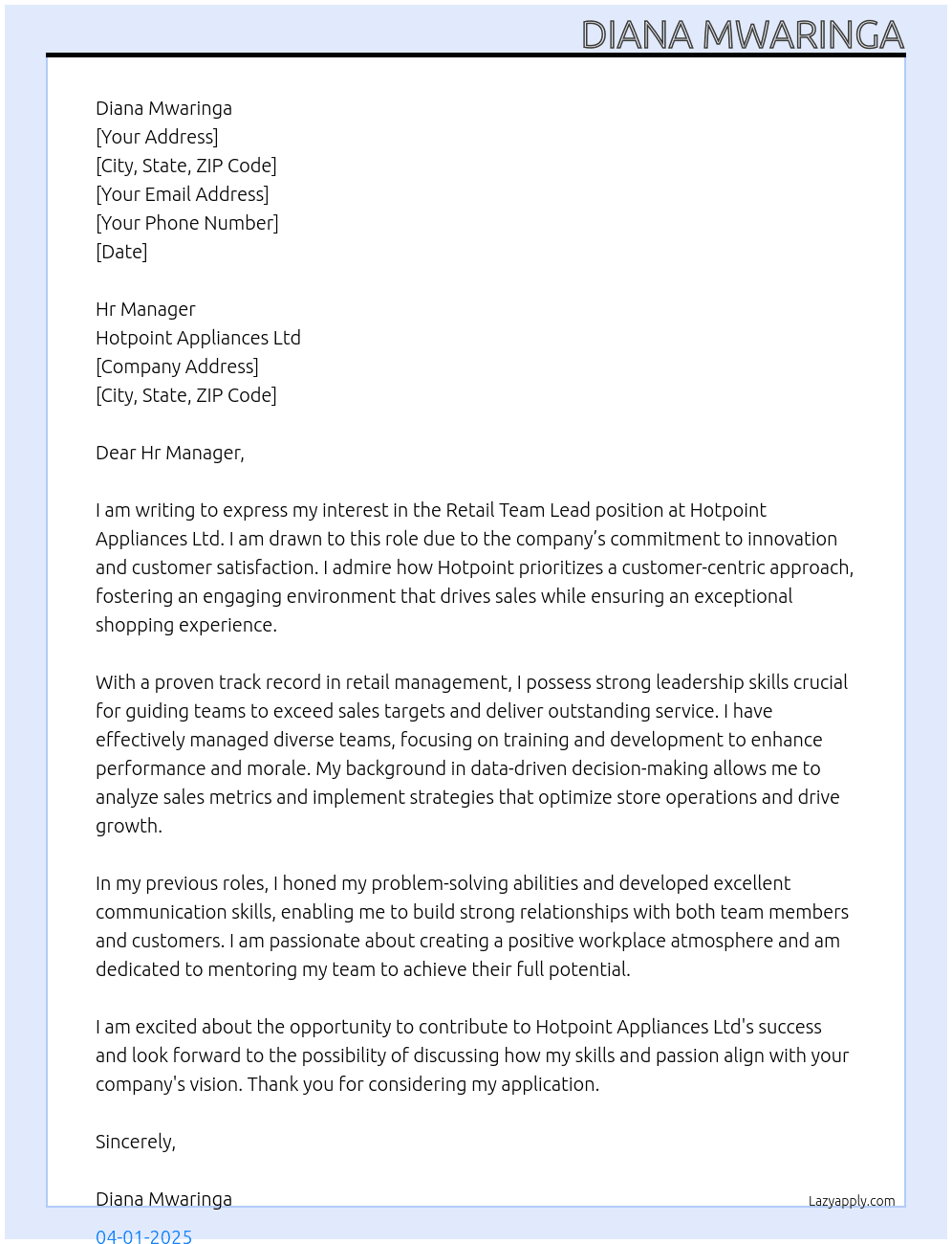 Retail Team Lead At Hotpoint Appliances Ltd Cover Letter