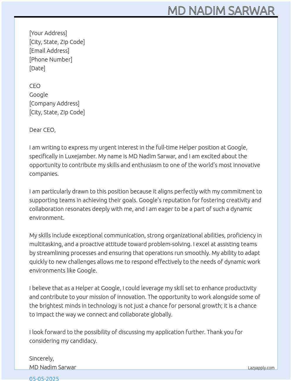 Helper  At Google  Cover Letter