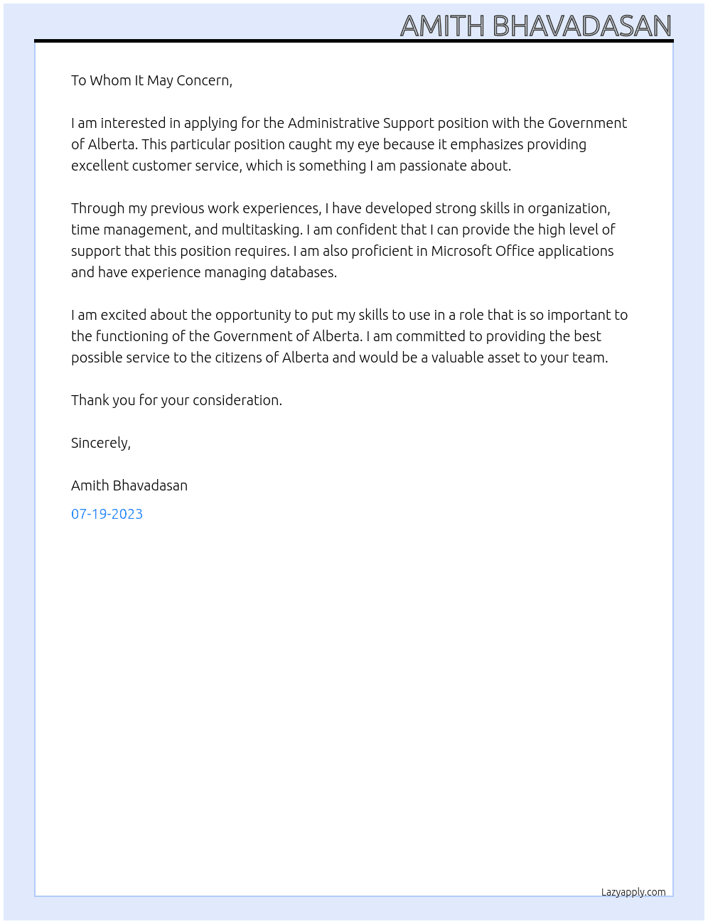 Administrative Support At Govt Of Alberta Cover Letter