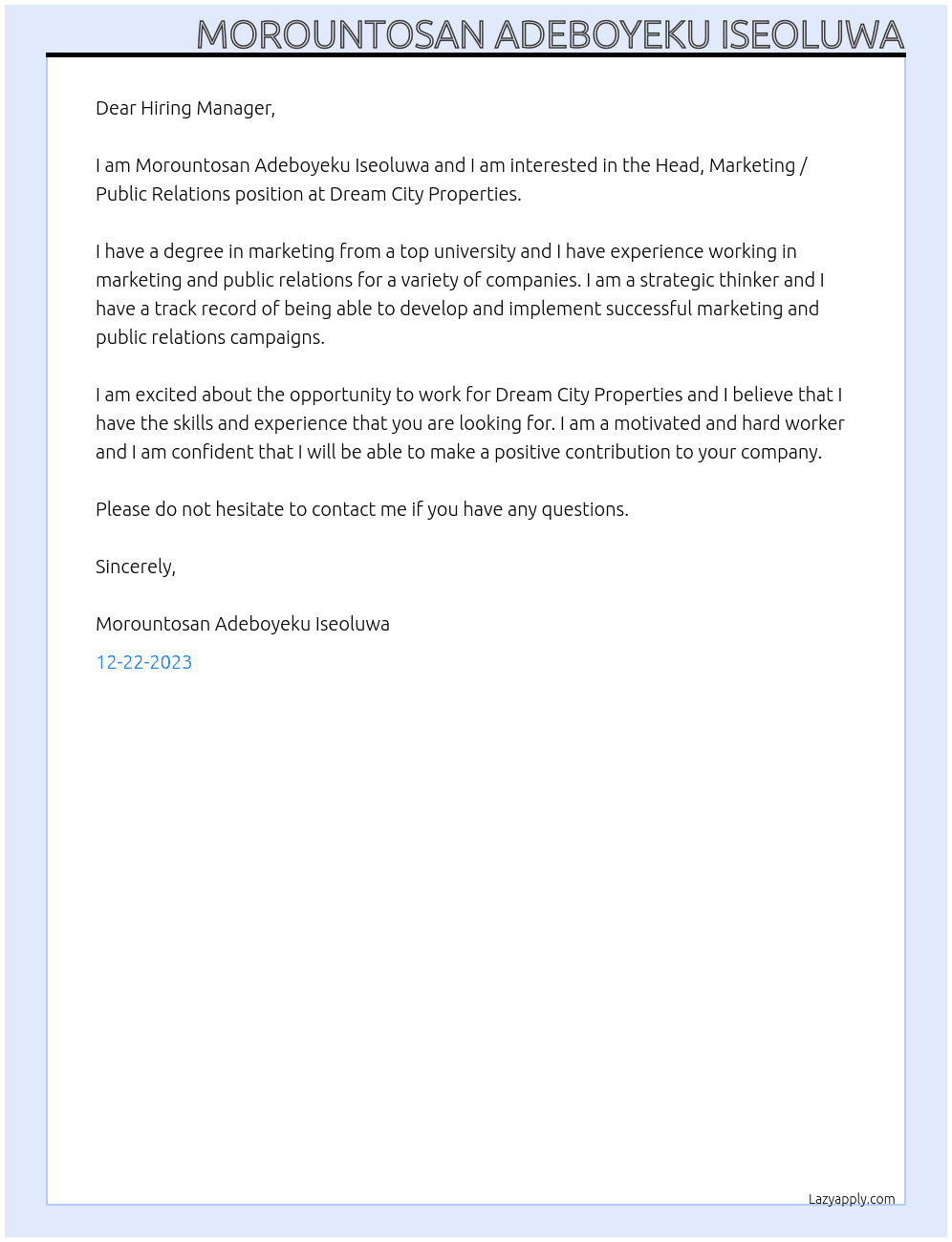 Head, Marketing / Public Relations At Dream City Properties Cover Letter