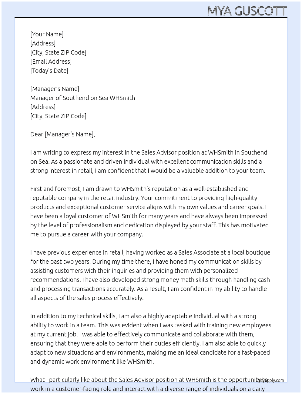 Sales Advisor  At WSHSmith Cover Letter