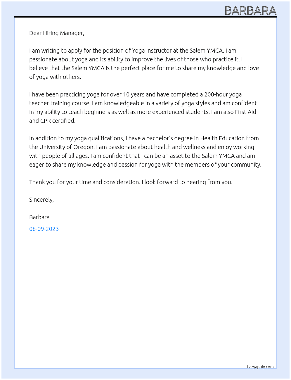 Yoga instructor At Salem YMCA Cover Letter
