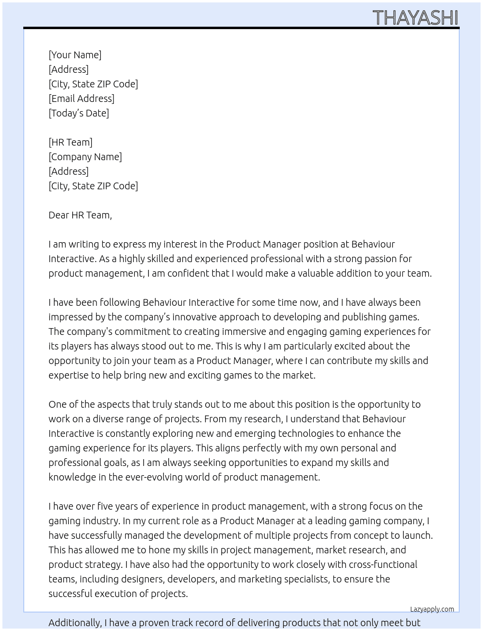 product manager At Behaviour Interactive Cover Letter