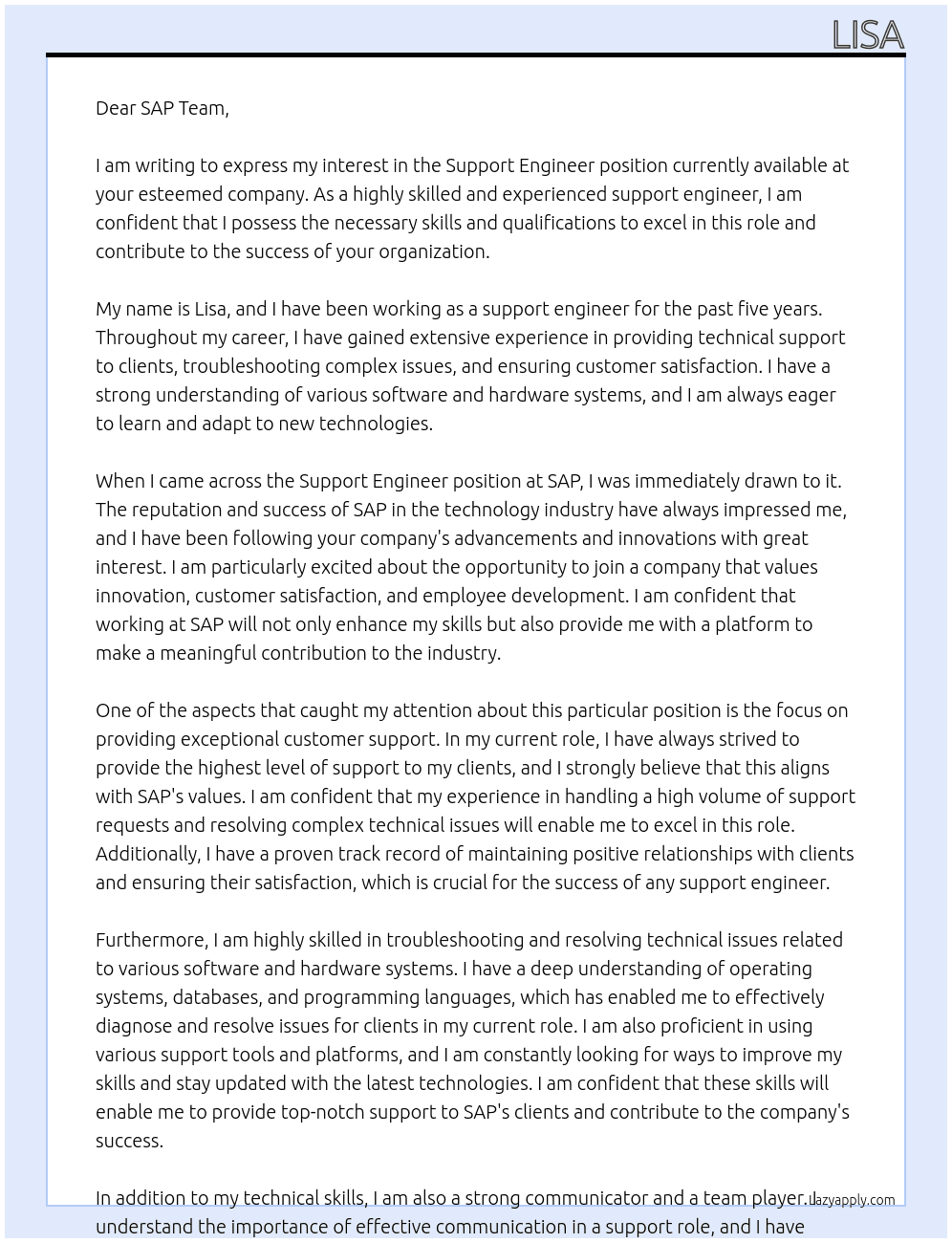 Support engineer At sap Cover Letter