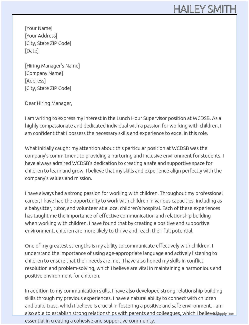 Lunch Hour Supervisor  At WCDSB Cover Letter