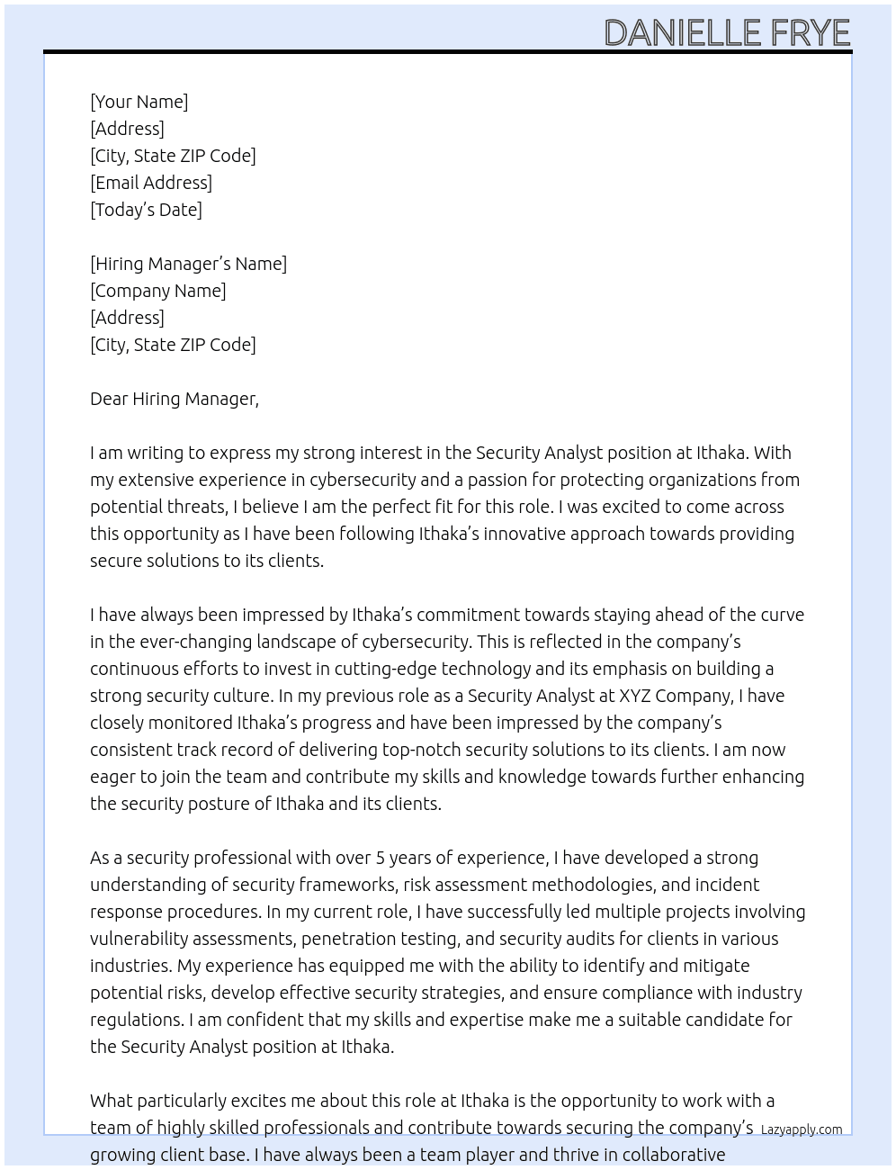 Security Analyst At Ithaka Cover Letter
