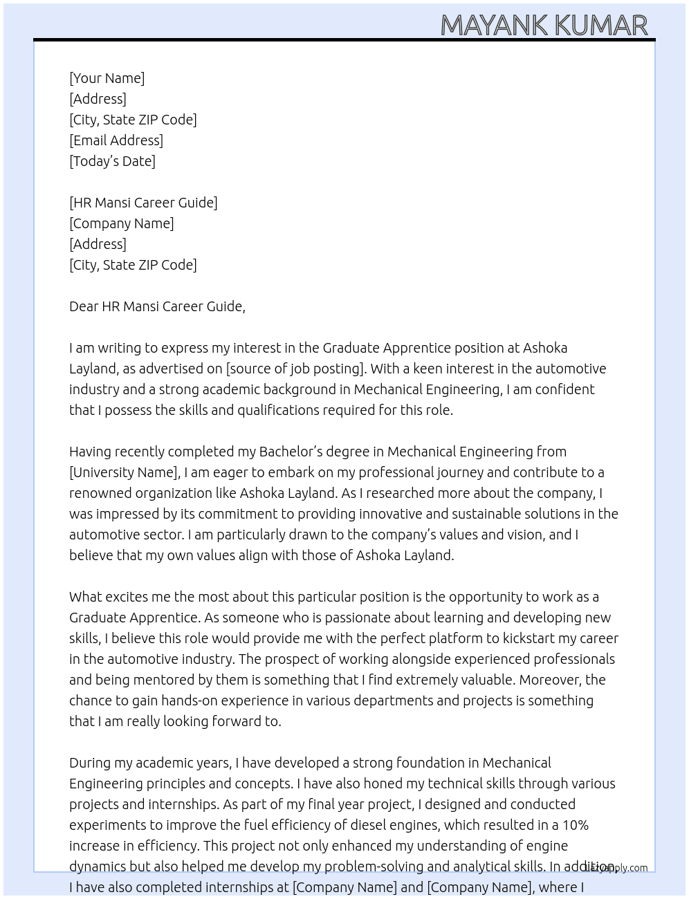 Graduate Apprentice At Ashoka Layland Cover Letter