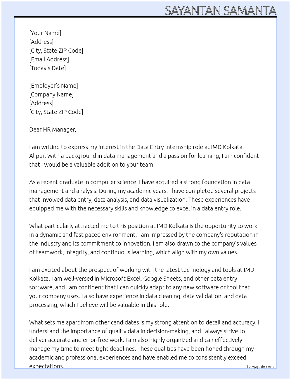 Data entry intern At IMD Kolkata, Alipur Cover Letter
