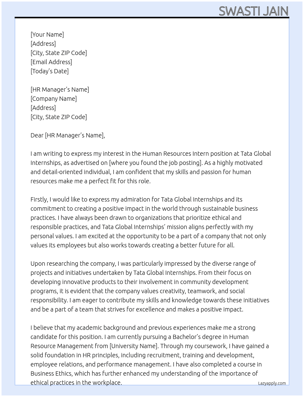 Human resources intern  At Tata global internships  Cover Letter