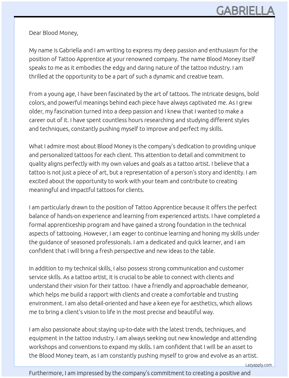 Tattoo apprentice  At Blood money Cover Letter