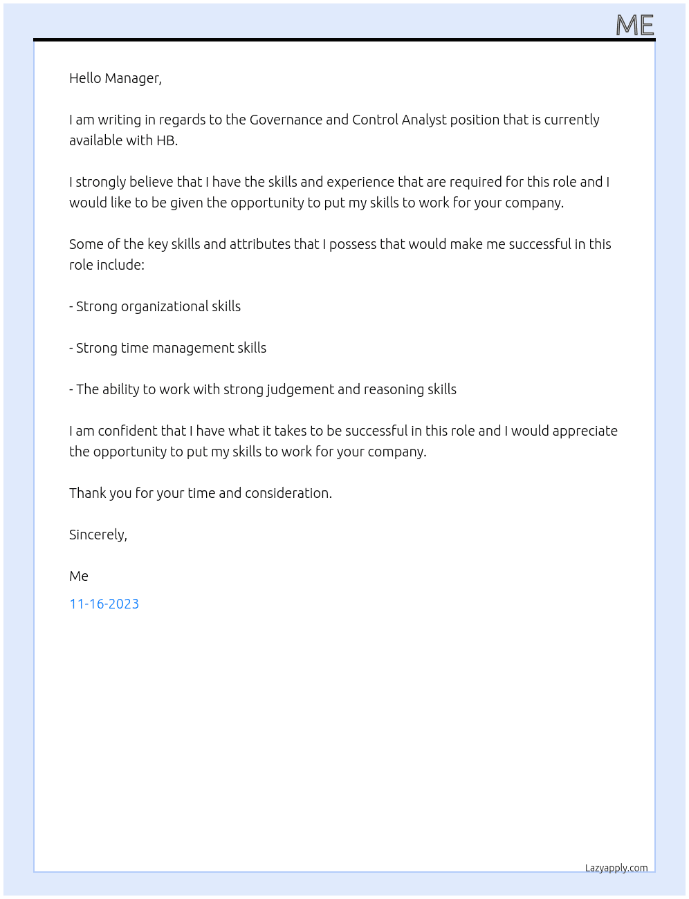 governance and control analyst At hb Cover Letter