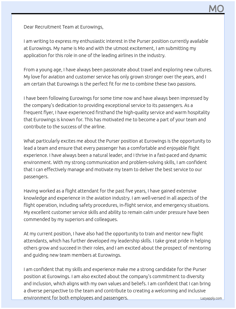 Purser At Eurowings Cover Letter