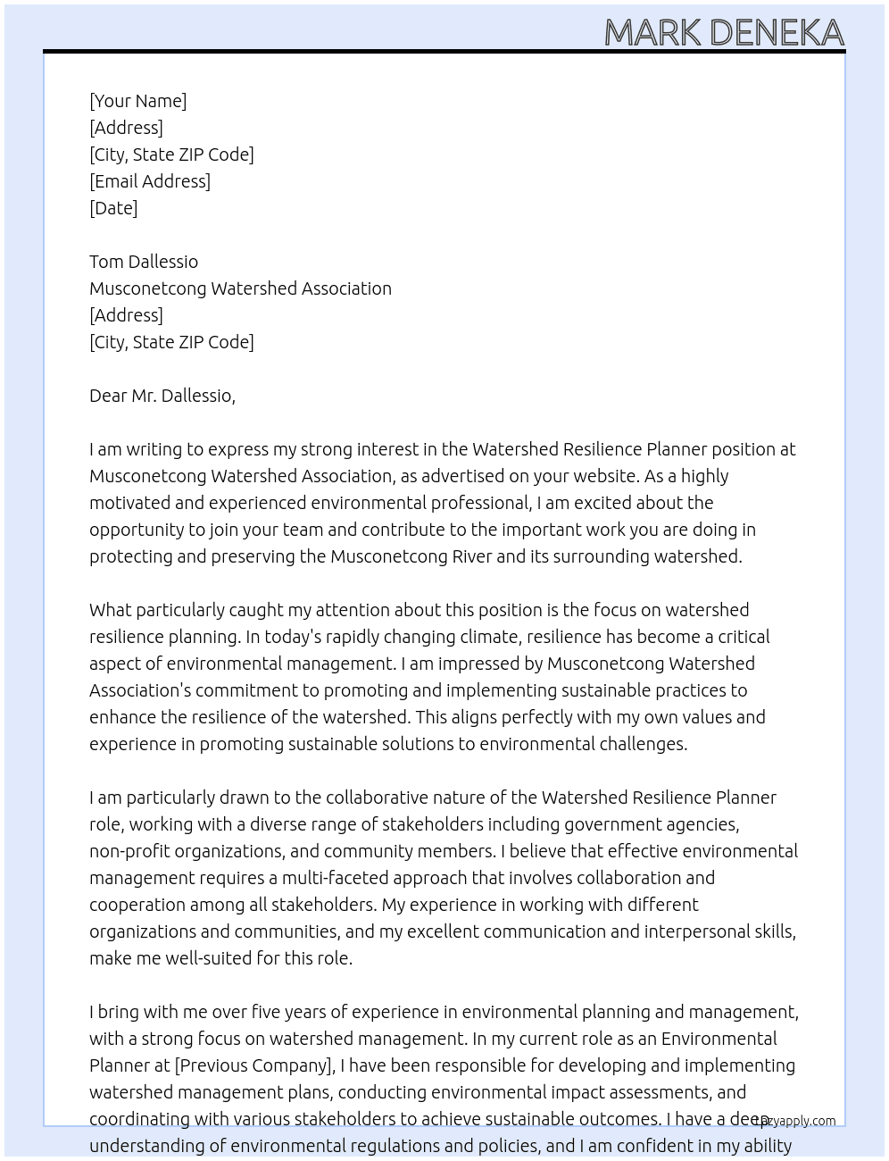 Watershed Resilience Planner At Musconetcong Watershed Association Cover Letter