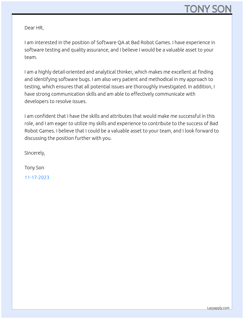 Software QA  At Bad Robot Games Cover Letter