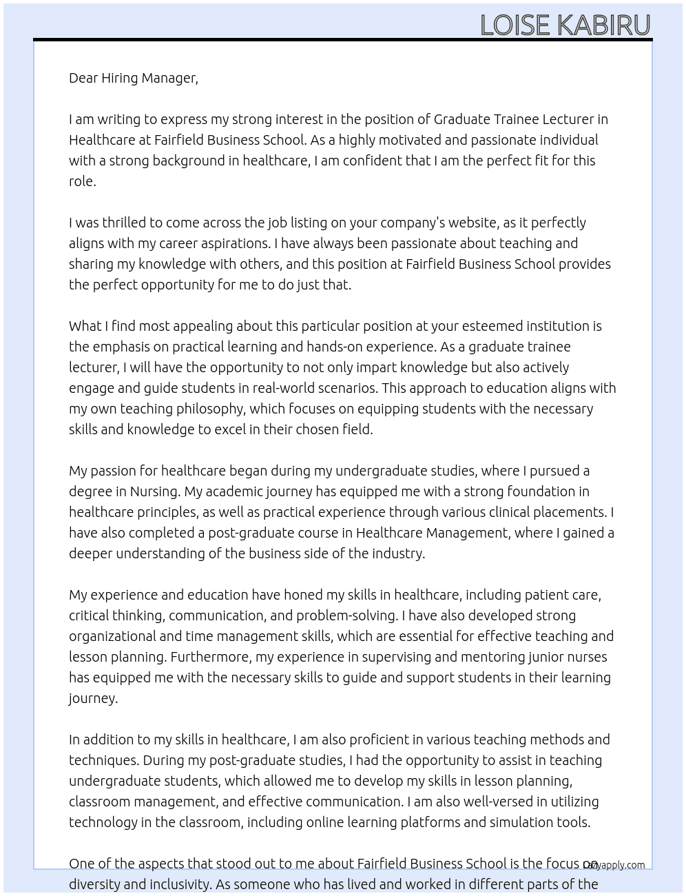 Graduate trainee Lecturer in Healthcare At Fairfield Business School Cover Letter