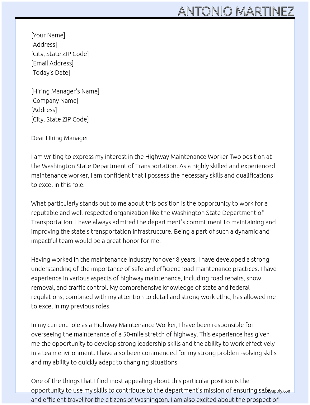 Highway maintenance worker two At Washington State Department of Transportation Cover Letter