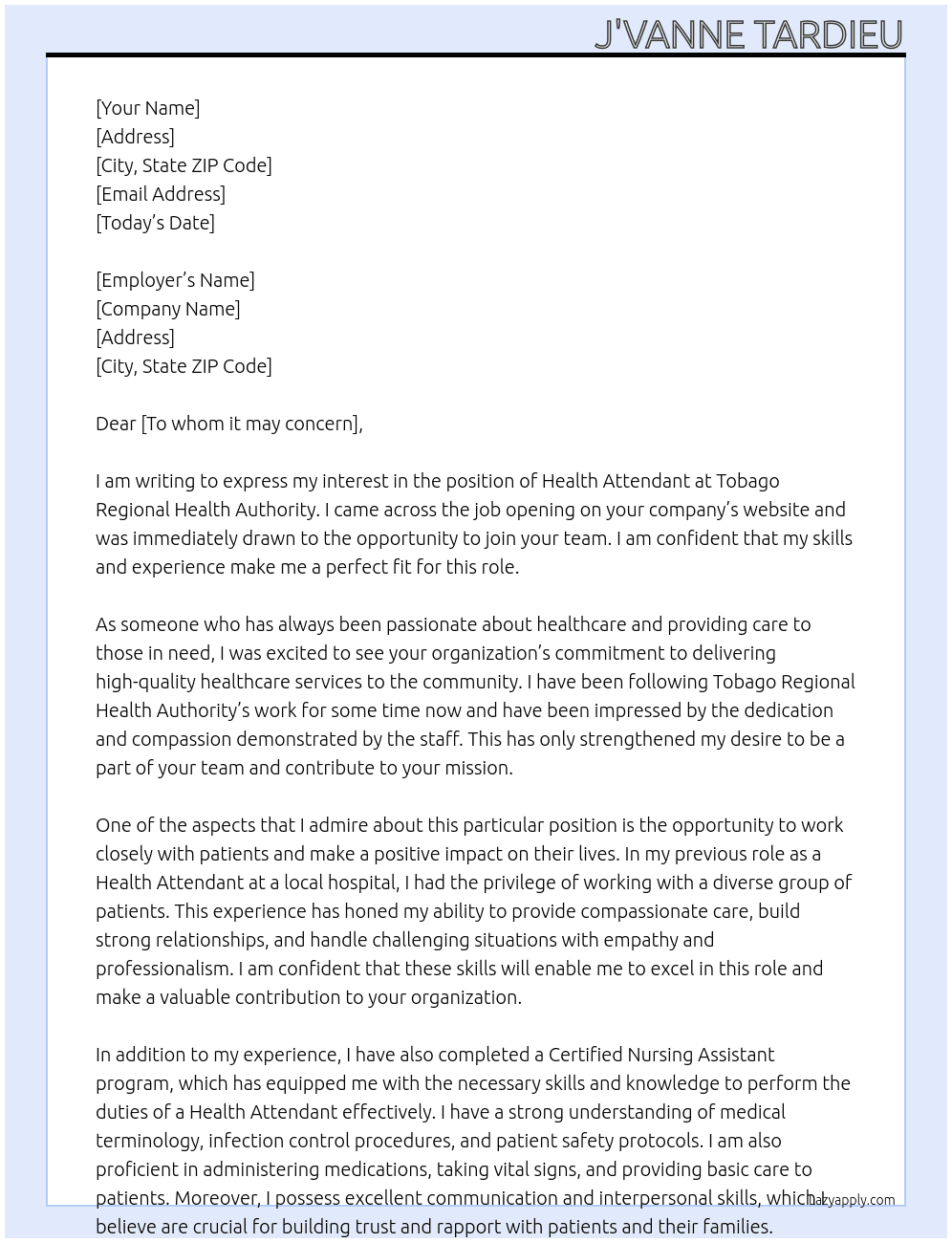 Health Attendant At Tobago Regional Health Authority Cover Letter