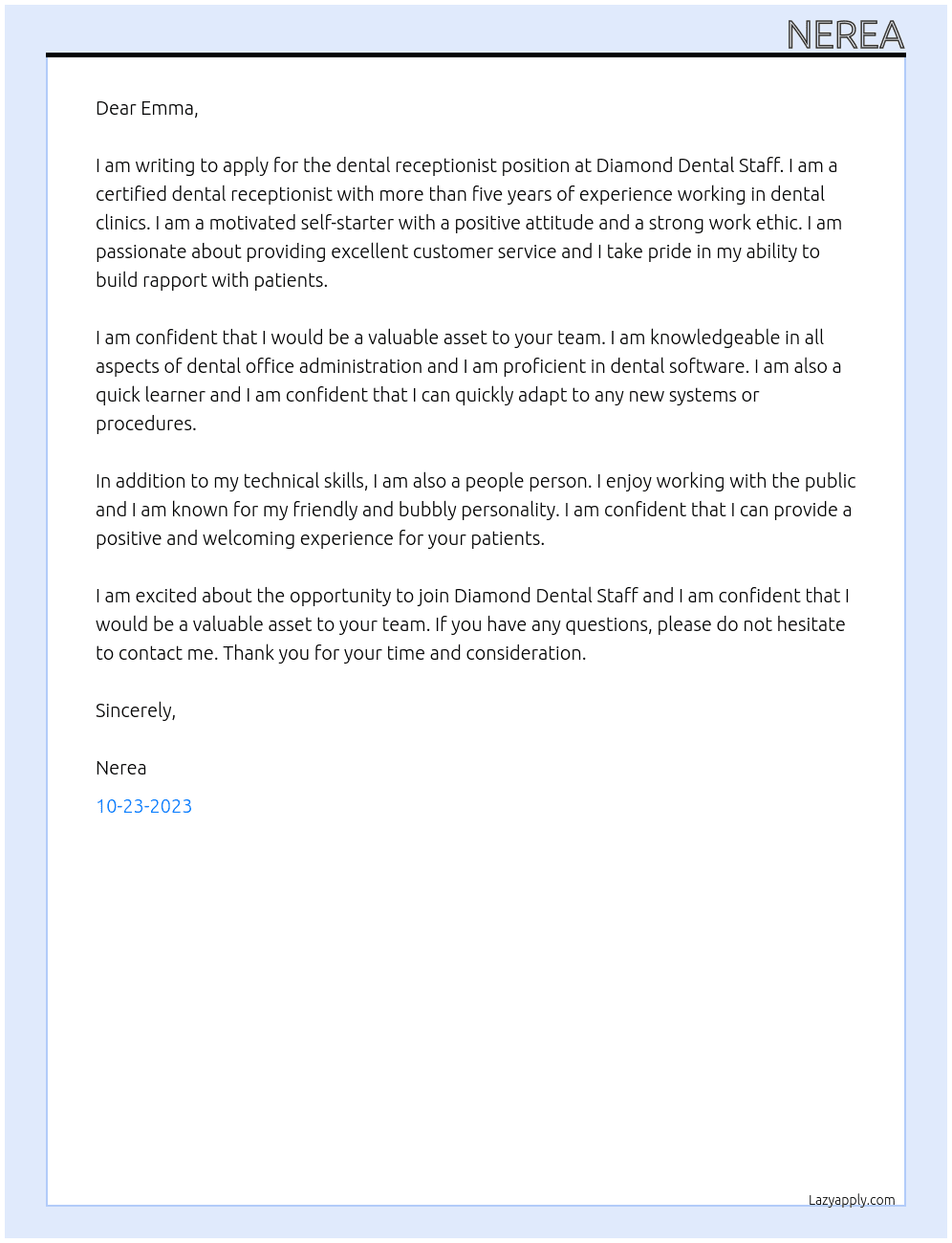 Dental receptionist  At Diamond Dental Staff Cover Letter