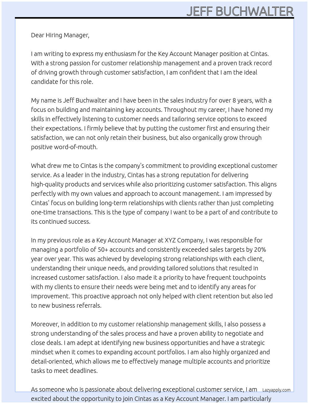 Key Account Manager At Cintas Cover Letter