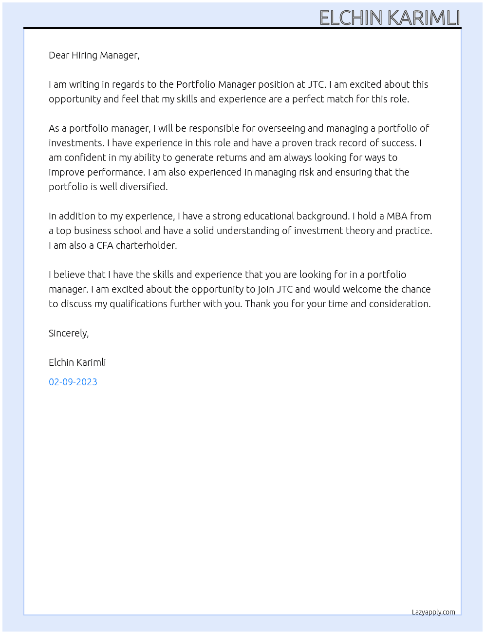 Portfolio Manager At JTC Cover Letter