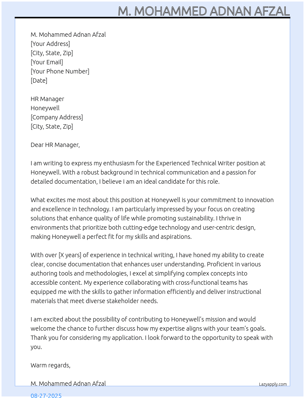 Experienced Technical Writer At Honeywell Cover Letter