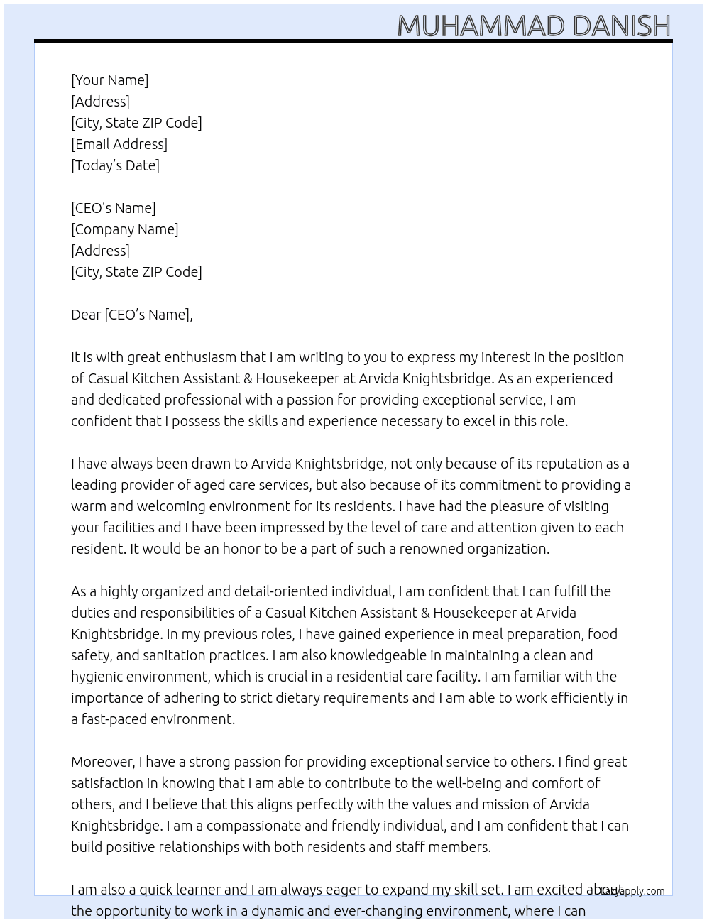 Casual Kitchen Assistant & Housekeeper At Arvida Knightsbridge Cover Letter