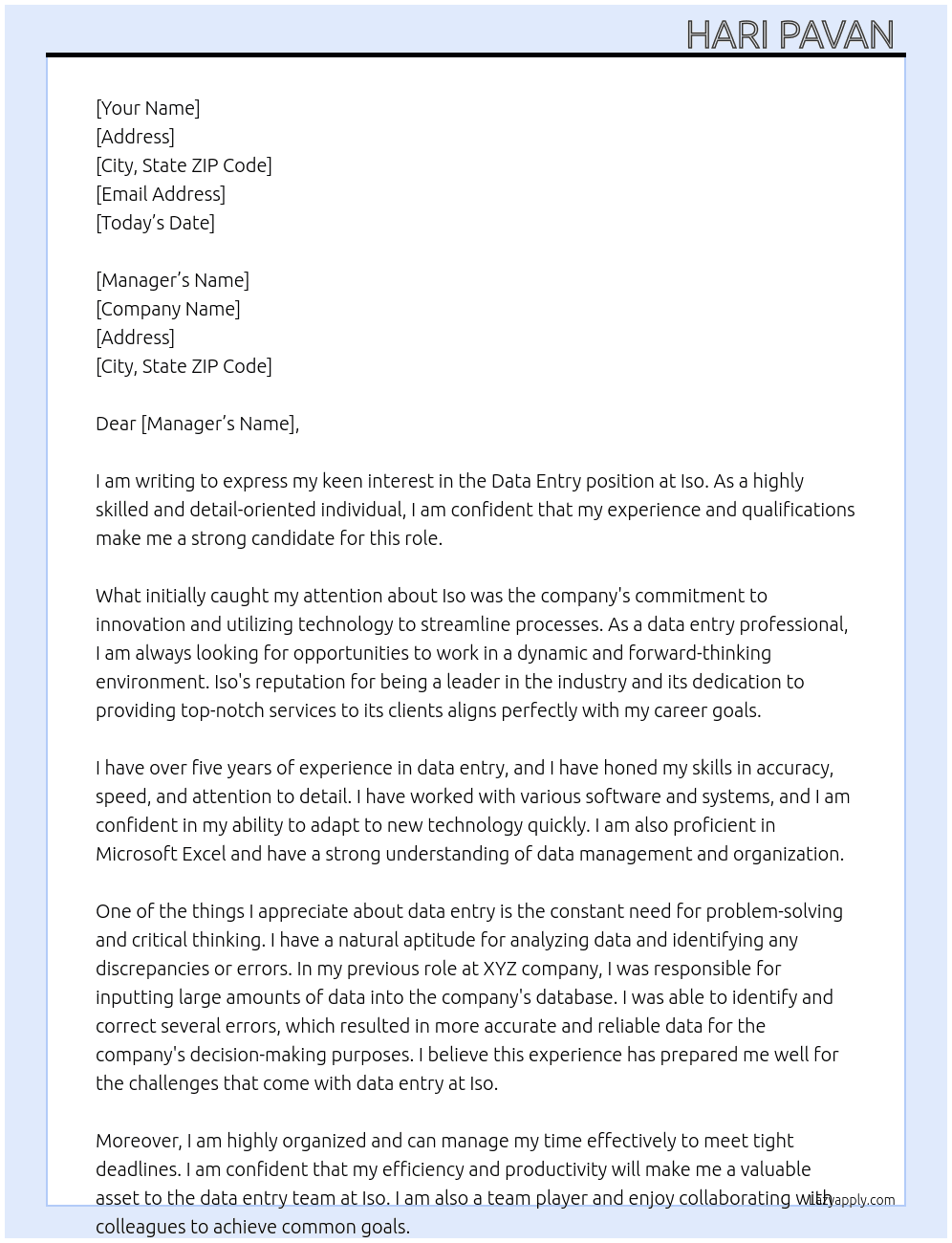 Data entry  At Iso Cover Letter