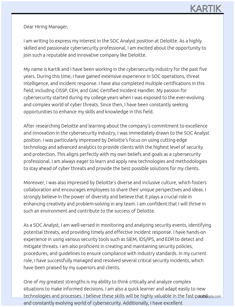 soc analyst At deloitte Cover Letter