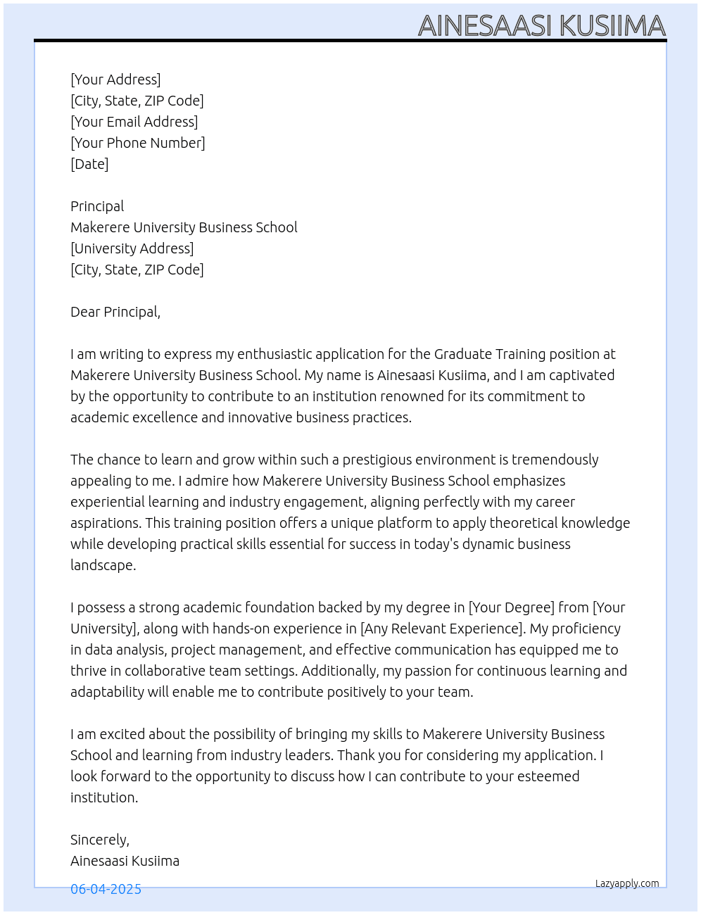 GRADUATE TRAINING At MAKERERE UNIVERSITY BUSINESS SCHOOL Cover Letter