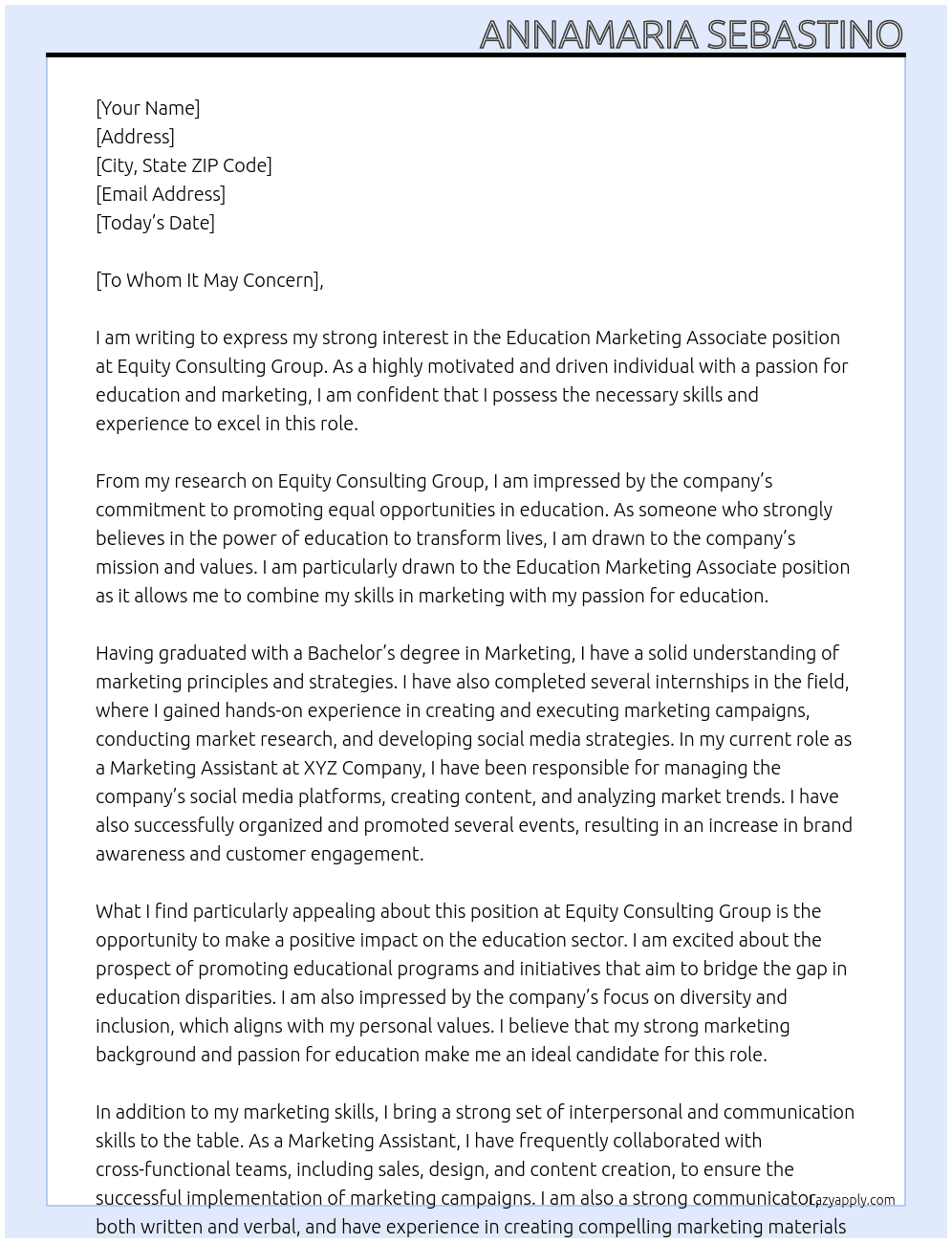 Education Marketing Associate At Equity Consulting Group Cover Letter