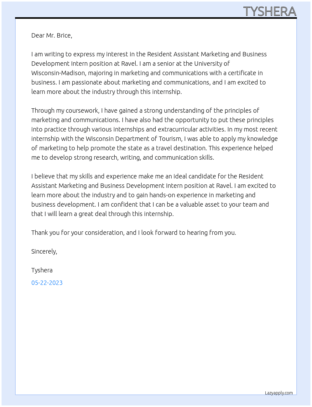 Resident AMarketing and Business Development Internssistant At Ravel Cover Letter