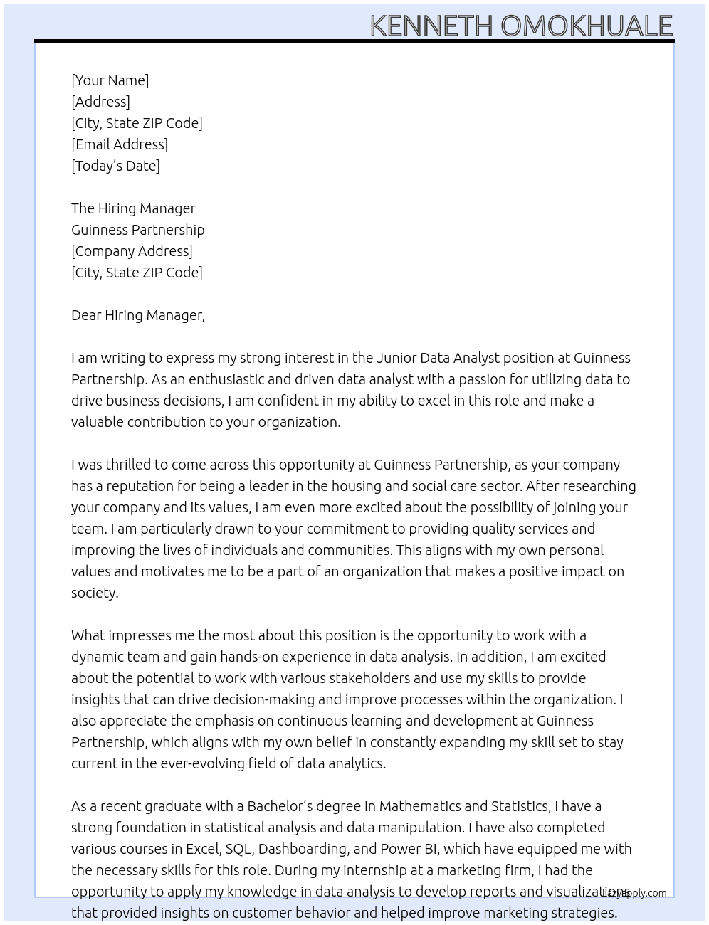 Junior Data Analyst At Guinness Partnership Cover Letter