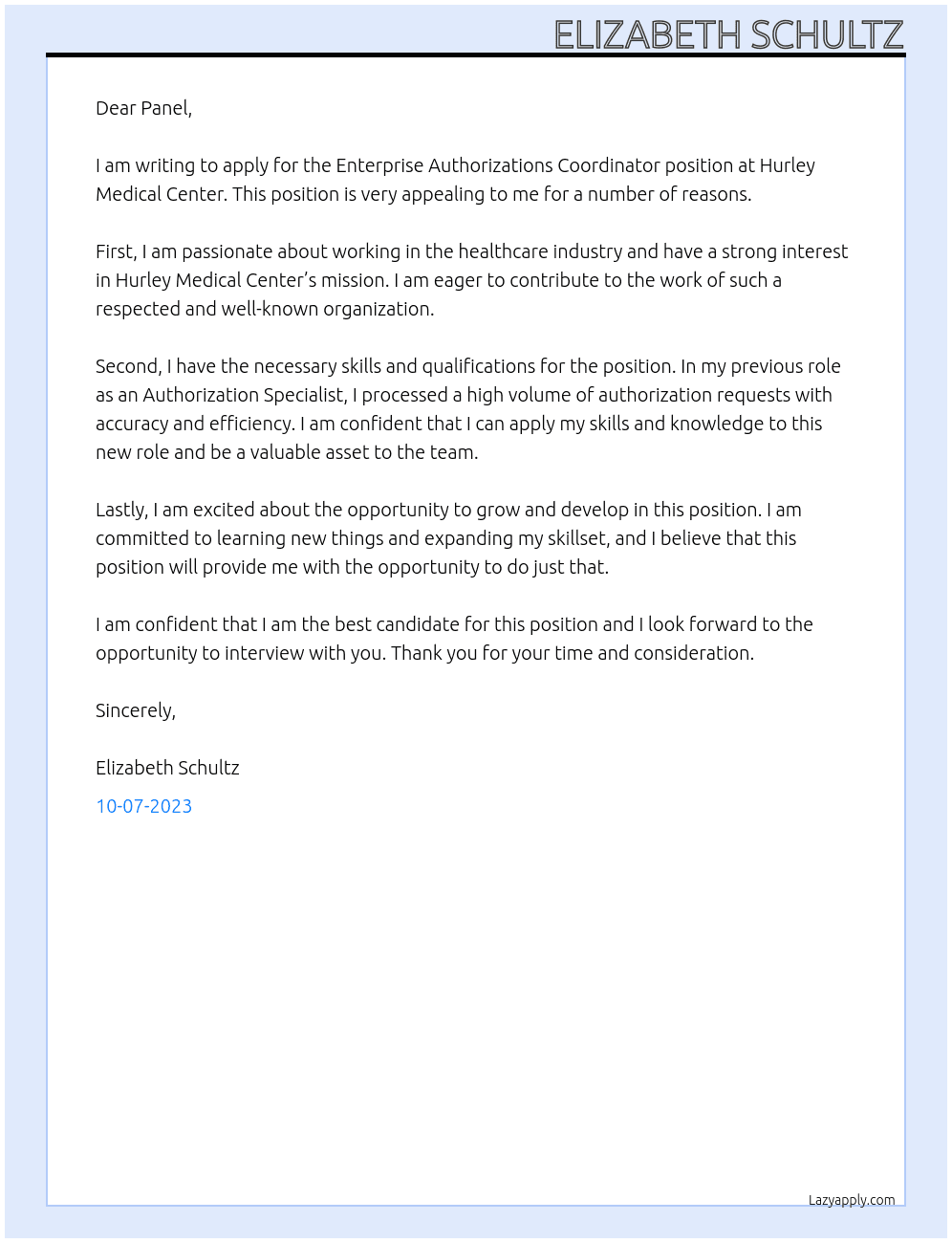 Enterprise Authorizations Coordinator At Hurley Medical Center Cover Letter