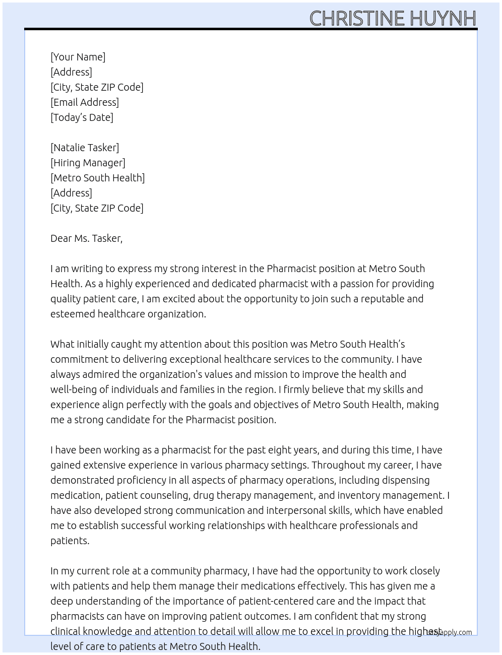Pharmacist At Metro South Health Cover Letter