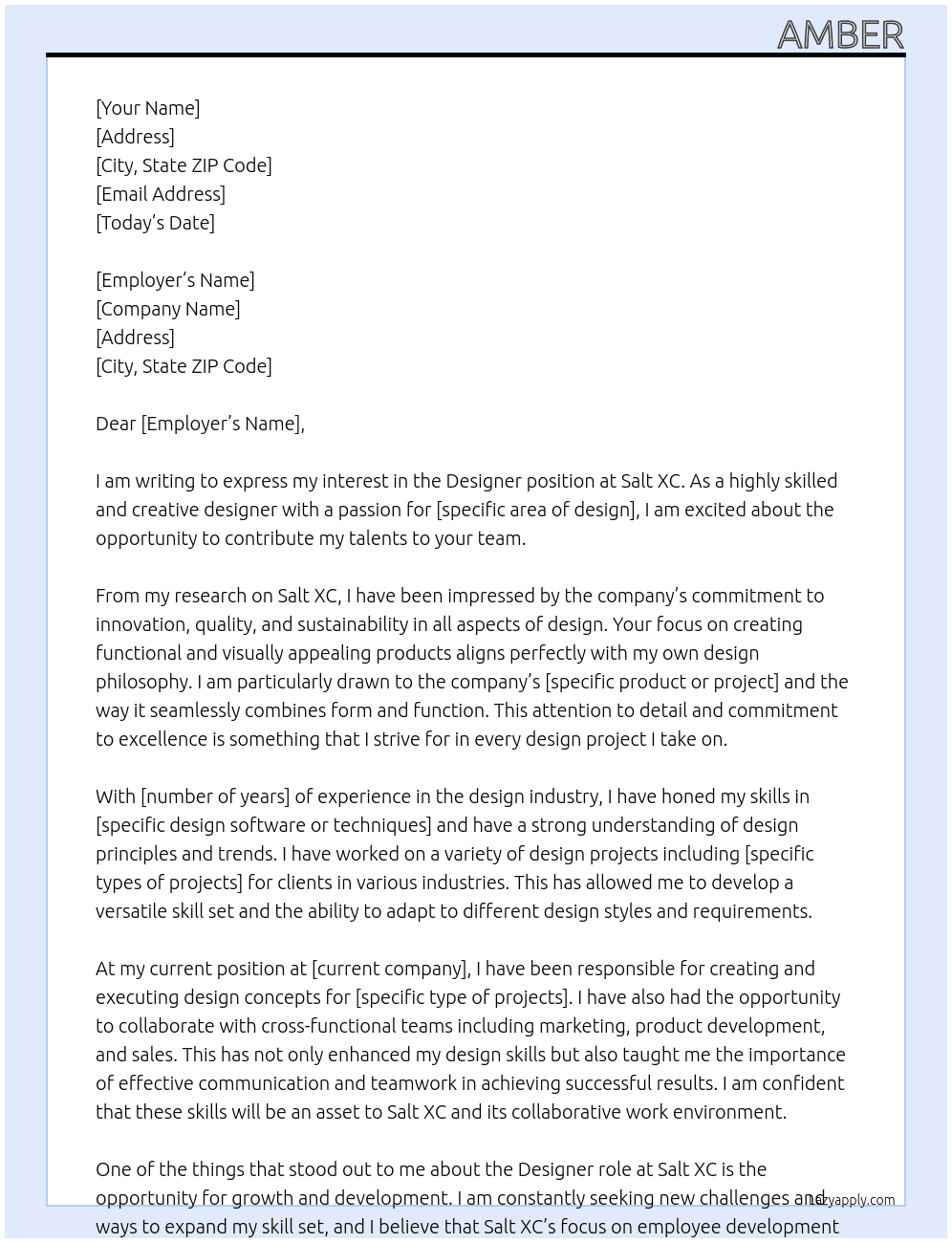 Designer At Salt XC  Cover Letter