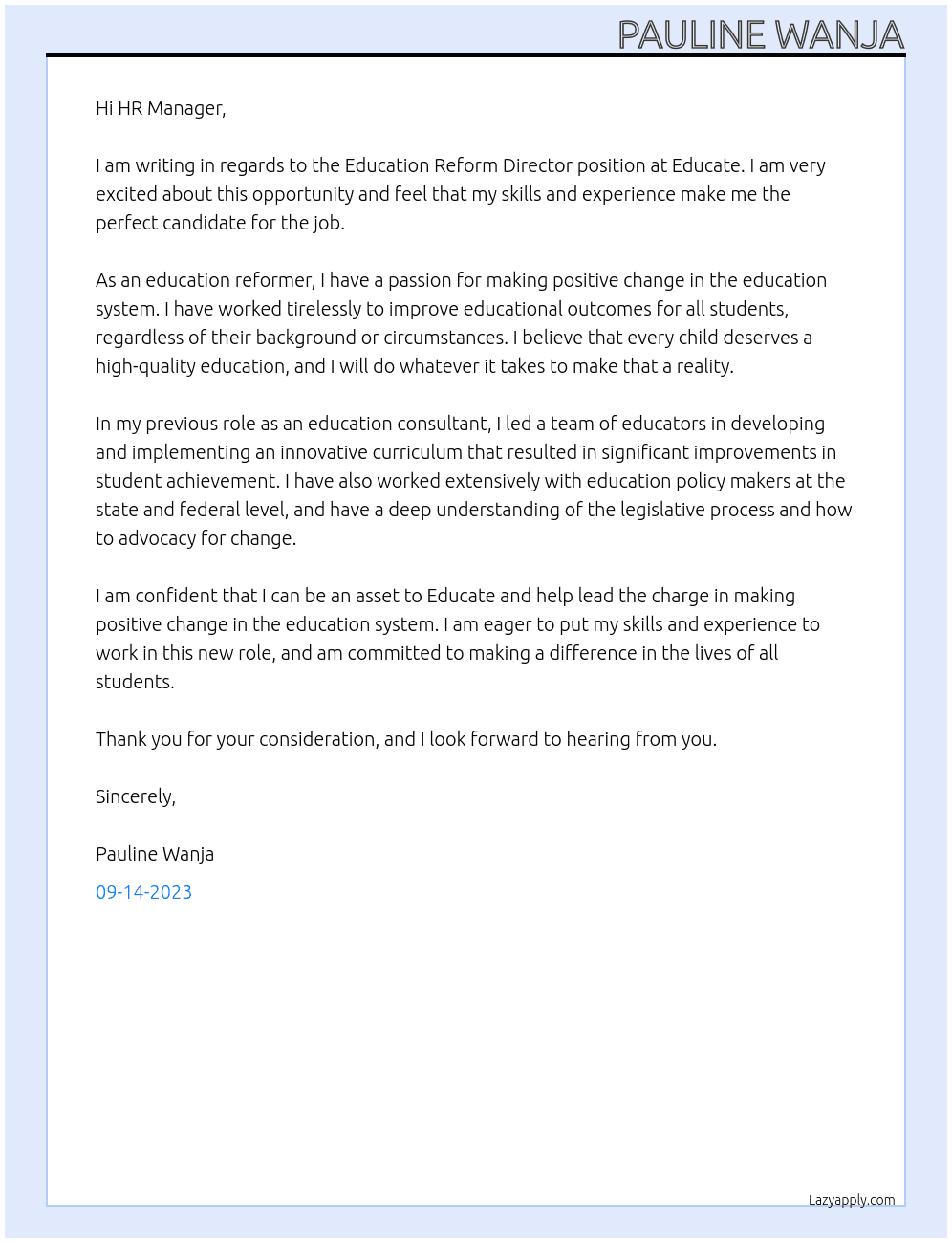 Education Reform Director At Educate  Cover Letter