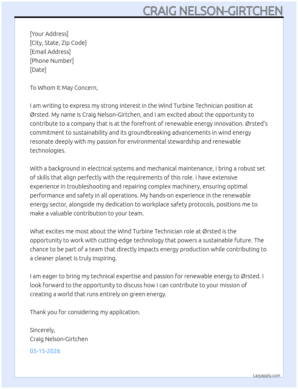 Wind turbine technician At Orsted Cover Letter